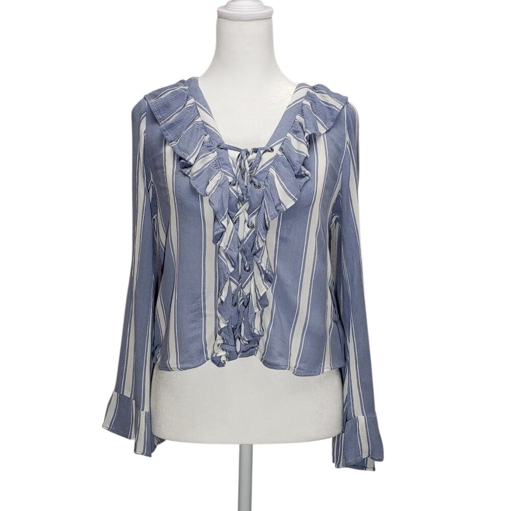 American Eagle Striped Ruffle Lace-Up Blouse Blue White Women’s Small